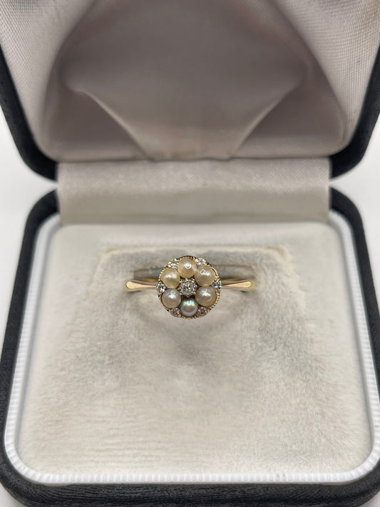 Antique 9ct gold pearl and diamond ring