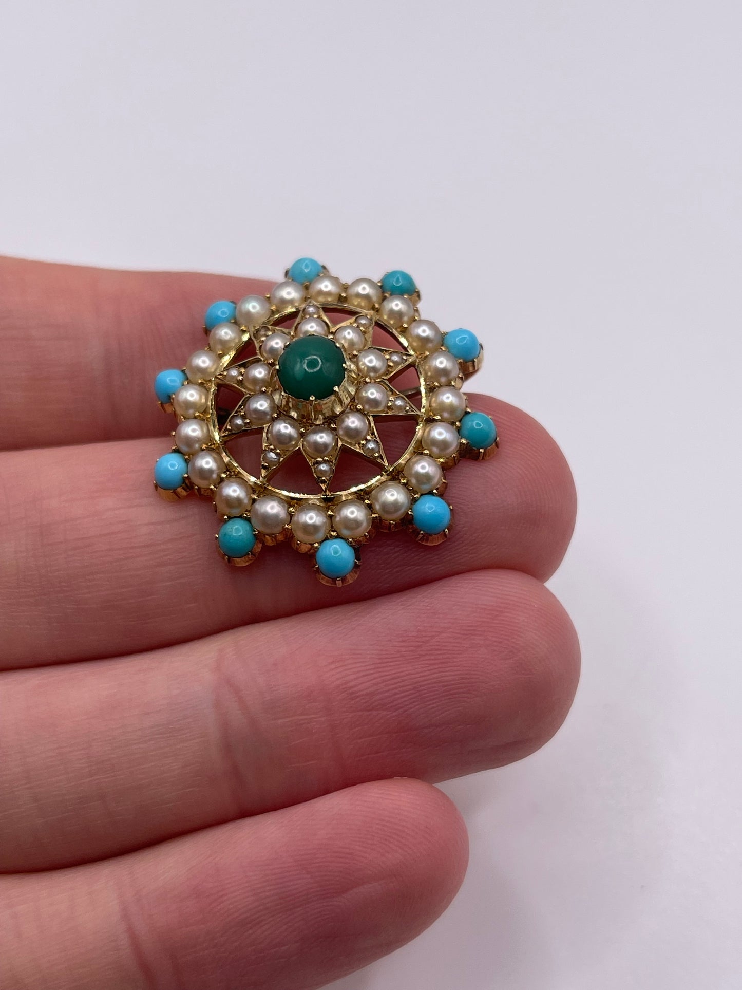 Antique 15ct gold turquoise and pearl brooch / pendant