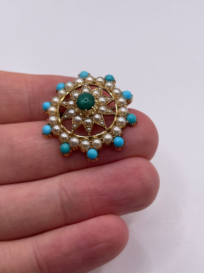 Antique 15ct gold turquoise and pearl brooch / pendant