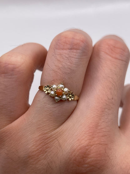 9ct gold coral and pearl ring