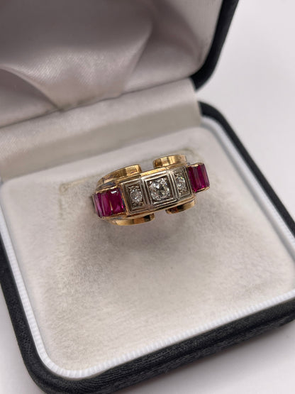 14ct gold synthetic ruby and diamond tank ring