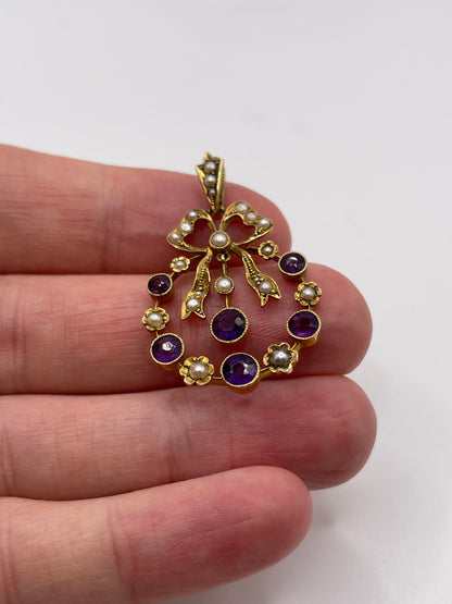 Antique 15ct gold amethyst and pearl pendant