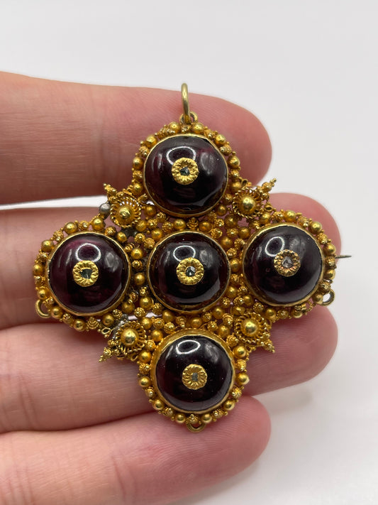 Antique 18ct gold garnet and diamond pendant / brooch