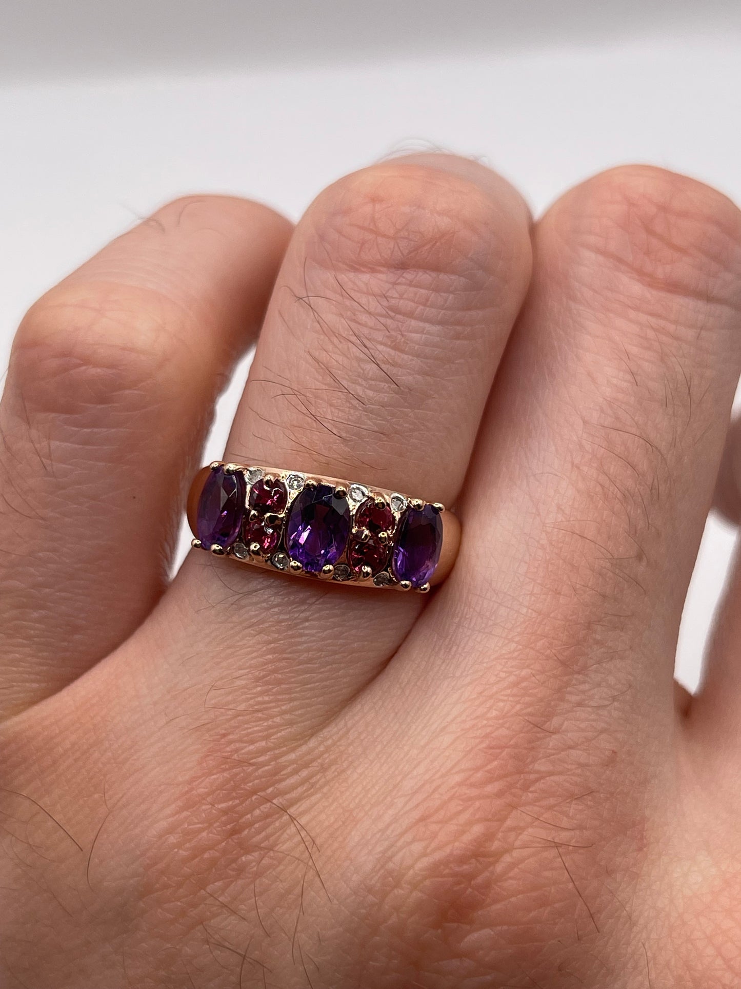 9ct rose gold amethyst, tourmaline and diamond ring