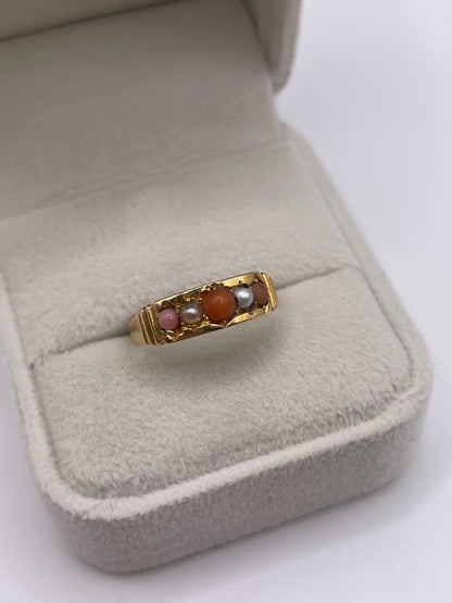 Antique 15ct gold coral and pearl ring