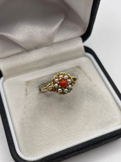 9ct gold coral and pearl ring