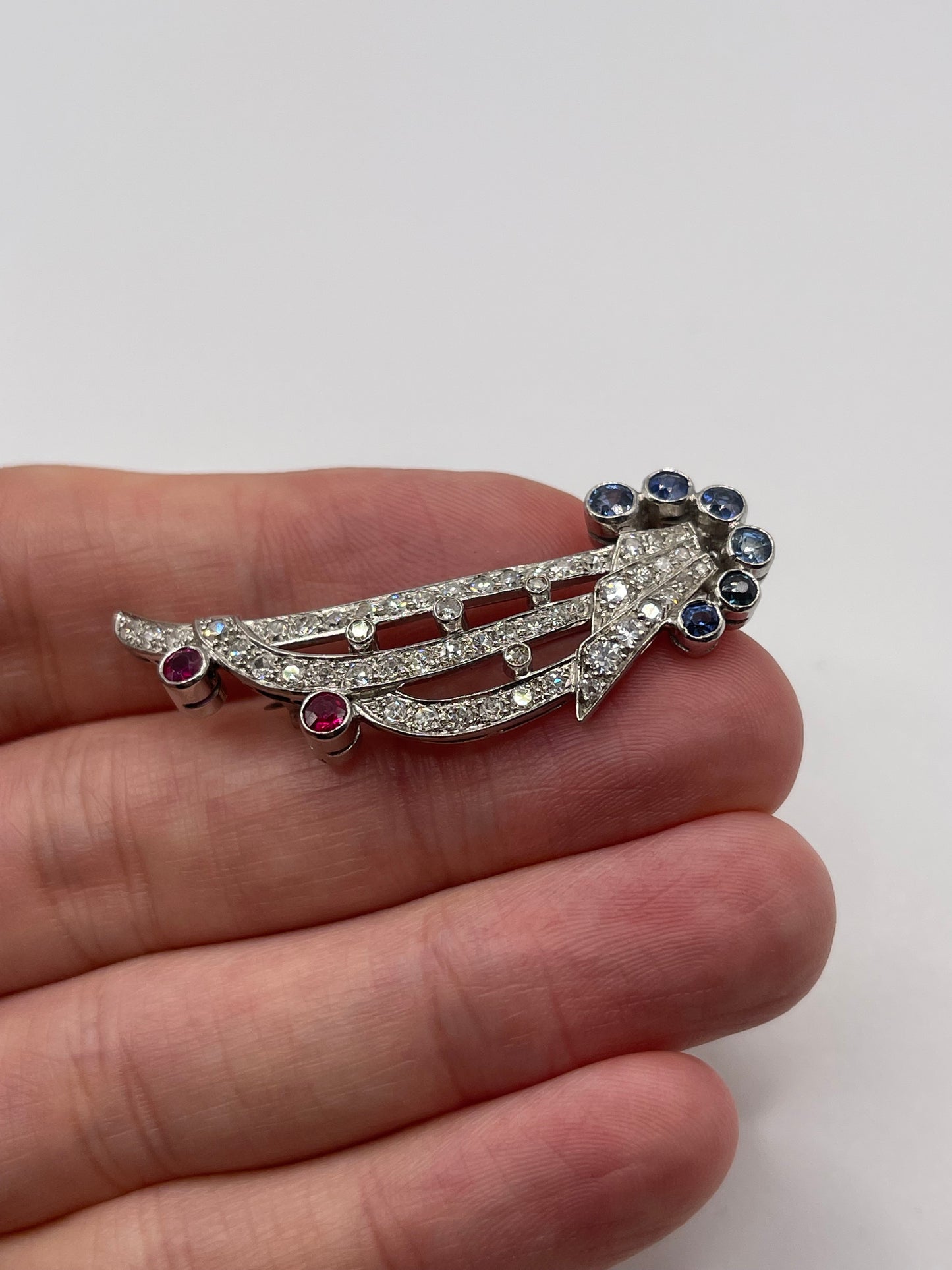 Platinum Ruby, sapphire and diamond brooch
