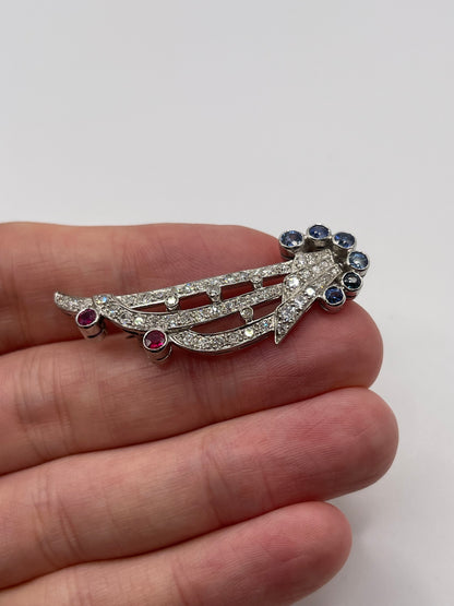 Platinum Ruby, sapphire and diamond brooch