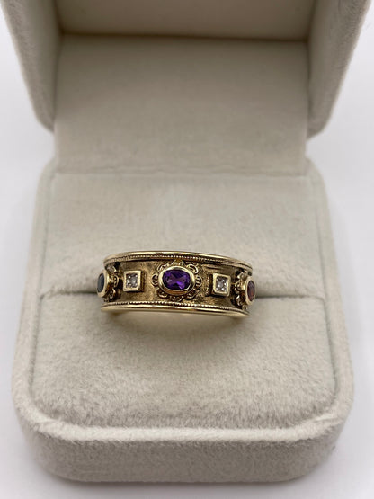 9ct gold garnet, amethyst, sapphire and diamond ring