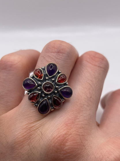 Silver amethyst and garnet ring