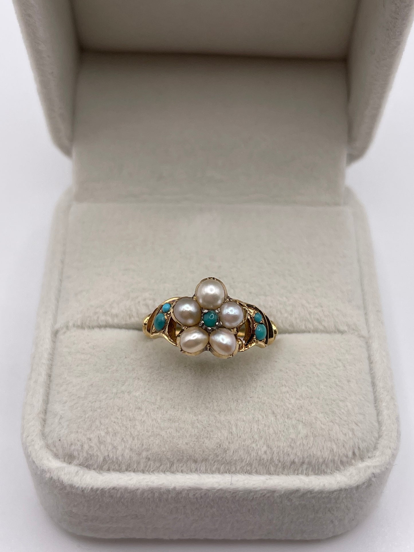 Antique 18ct gold pearl and turquoise locket back ring