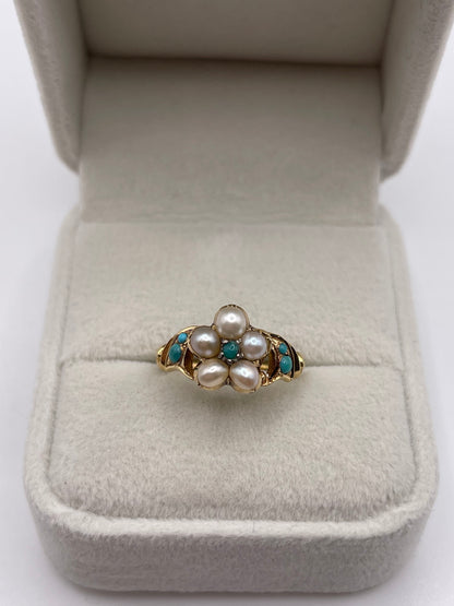 Antique 18ct gold pearl and turquoise locket back ring