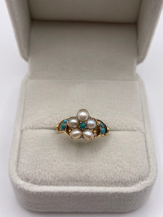 Antique 18ct gold pearl and turquoise locket back ring