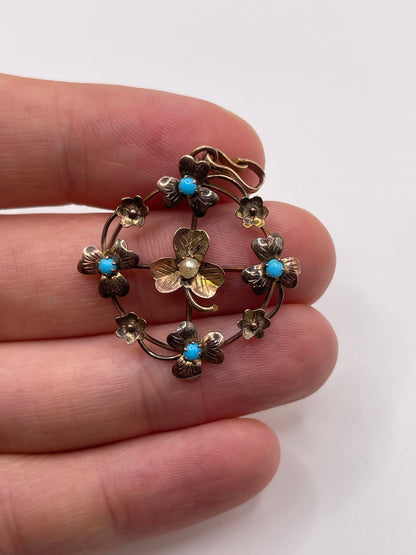 Antique 9ct gold turquoise and pearl pendant
