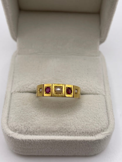 Antique 18ct gold ruby and pearl ring