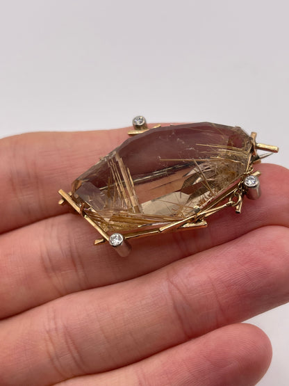 9ct gold rutile quartz and diamond brooch