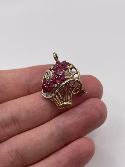 9ct gold ruby and diamond brooch / pendant