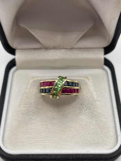 9ct gold ruby, sapphire and garnet ring