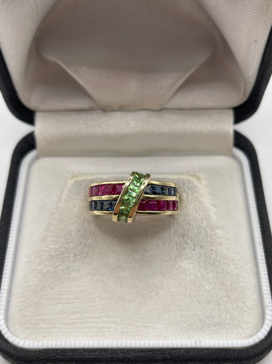 9ct gold ruby, sapphire and garnet ring
