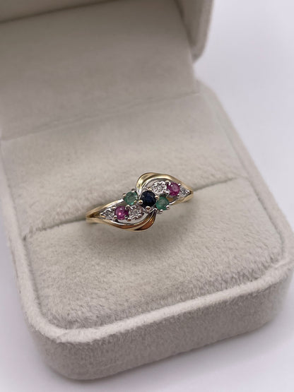 9ct gold sapphire, ruby, emerald and diamond ring