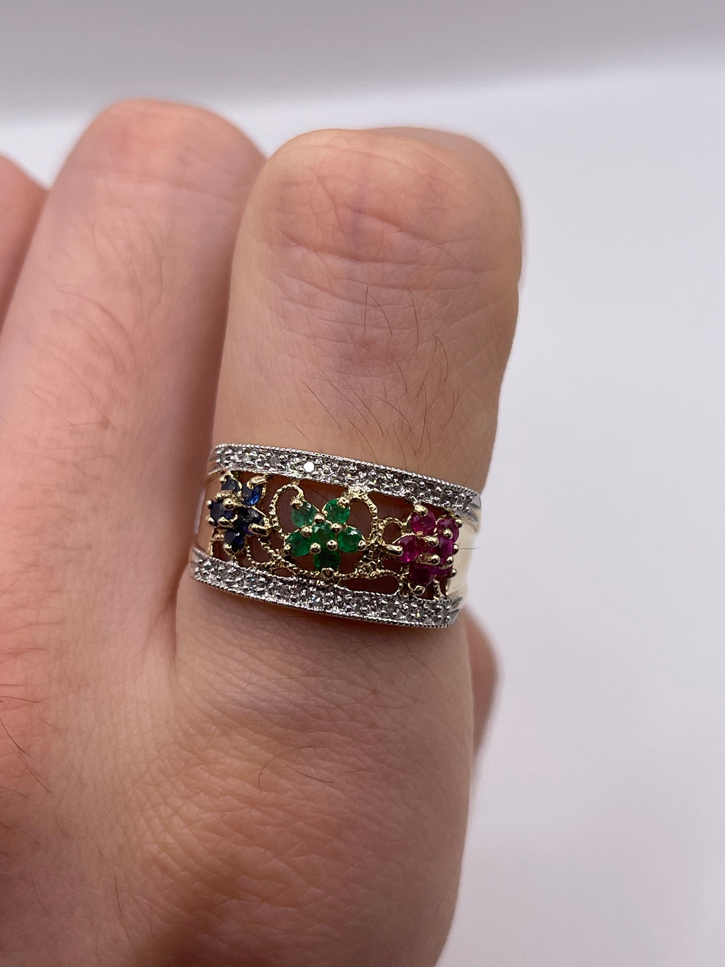 9ct gold sapphire, emerald, ruby and diamond ring