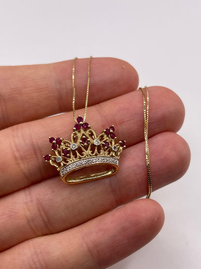 14ct gold ruby and diamond crown necklace