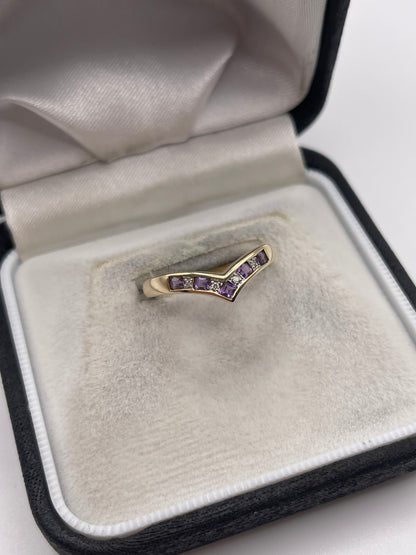 9ct gold amethyst and diamond wishbone ring