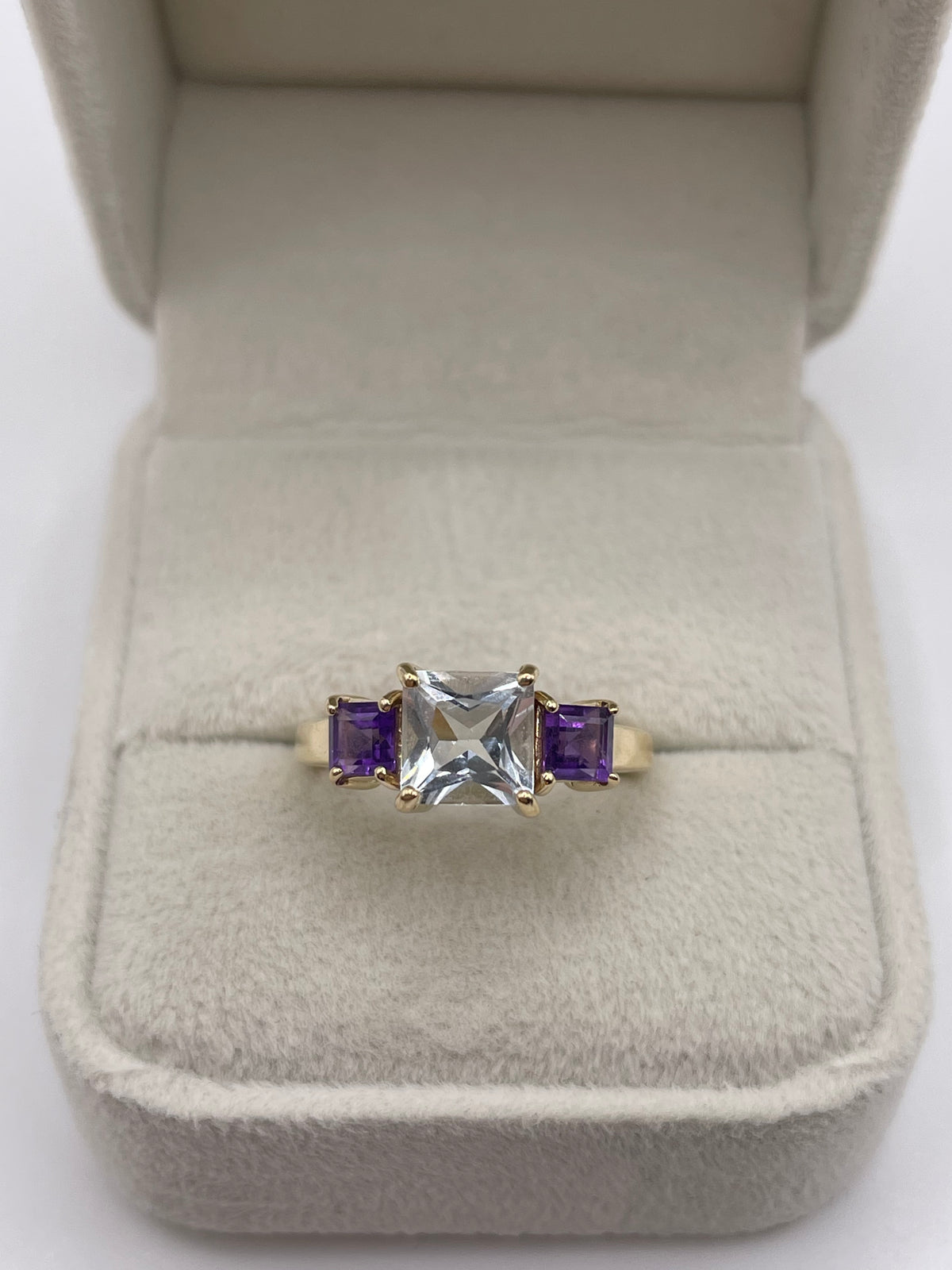 9ct gold aquamarine and amethyst ring