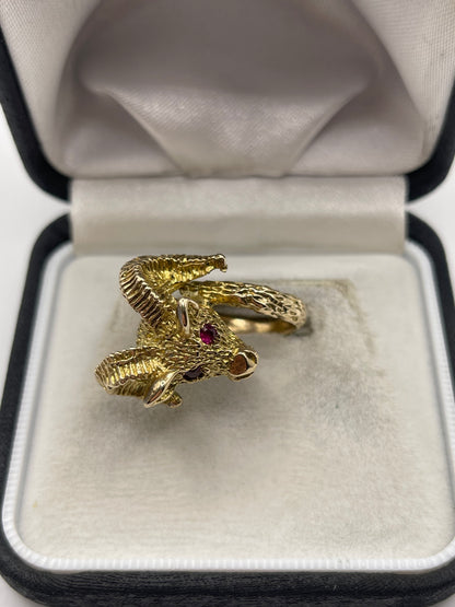 Heavy 9ct gold ruby ram ring