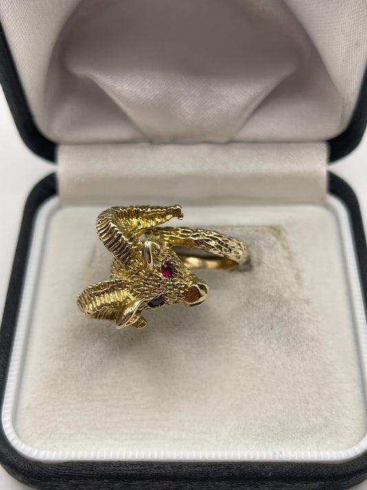 Heavy 9ct gold ruby ram ring