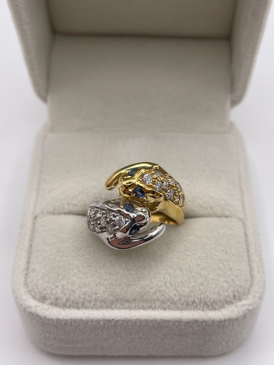 18ct two tone gold sapphire double panther ring