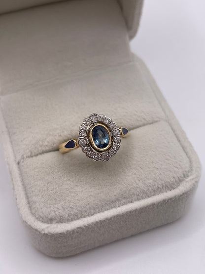 14ct gold sapphire, enamel and diamond ring