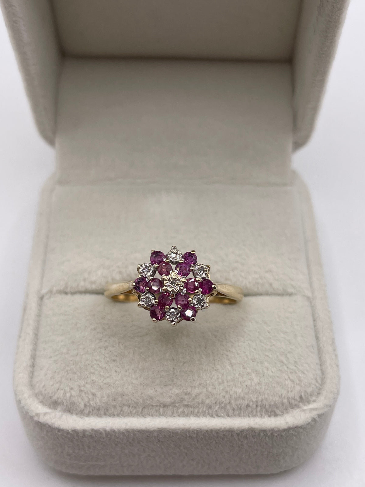 9ct gold ruby and diamond cluster ring