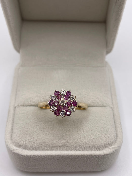9ct gold ruby and diamond cluster ring