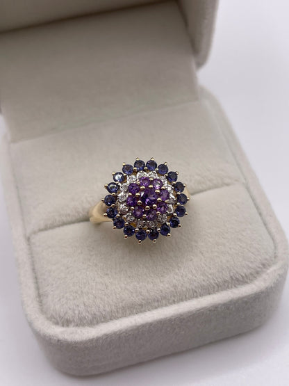 9ct gold amethyst, iolite and diamond ring