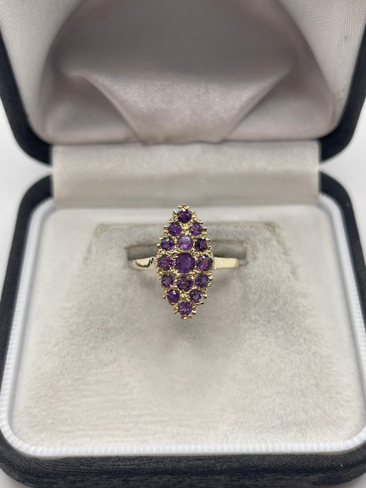 9ct gold amethyst cluster navette ring