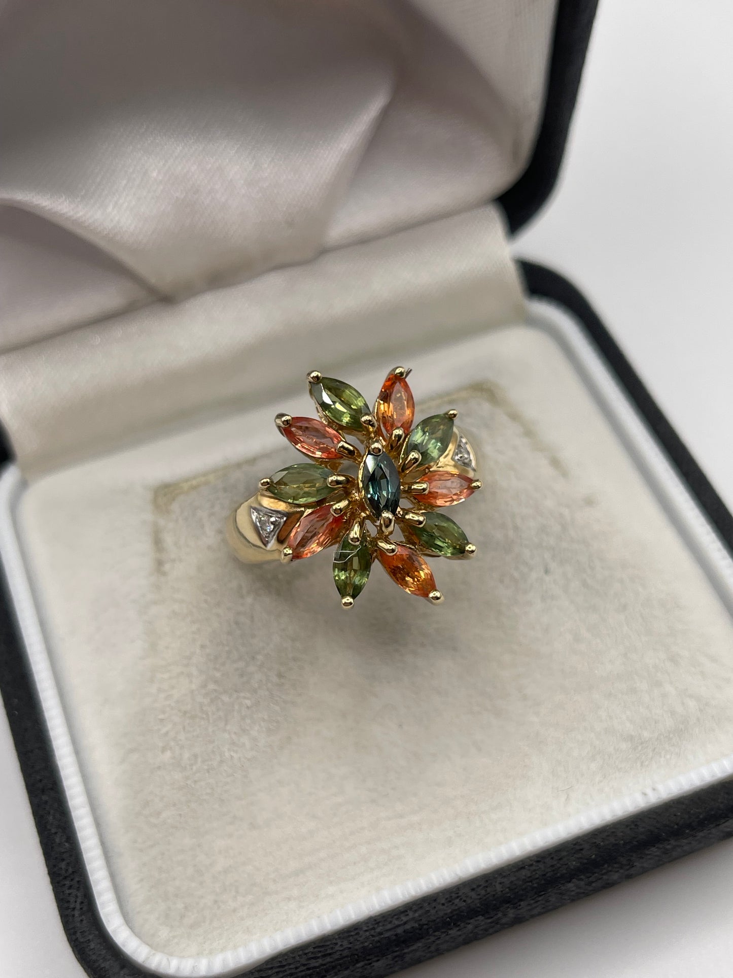 9ct gold multi coloured sapphire and diamond ring