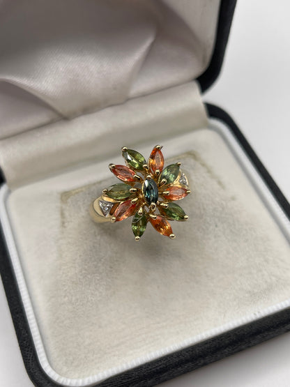 9ct gold multi coloured sapphire and diamond ring