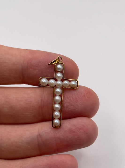 9ct gold pearl cross pendant