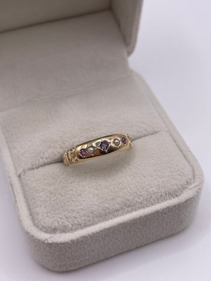 9ct gold amethyst and pearl gypsy ring