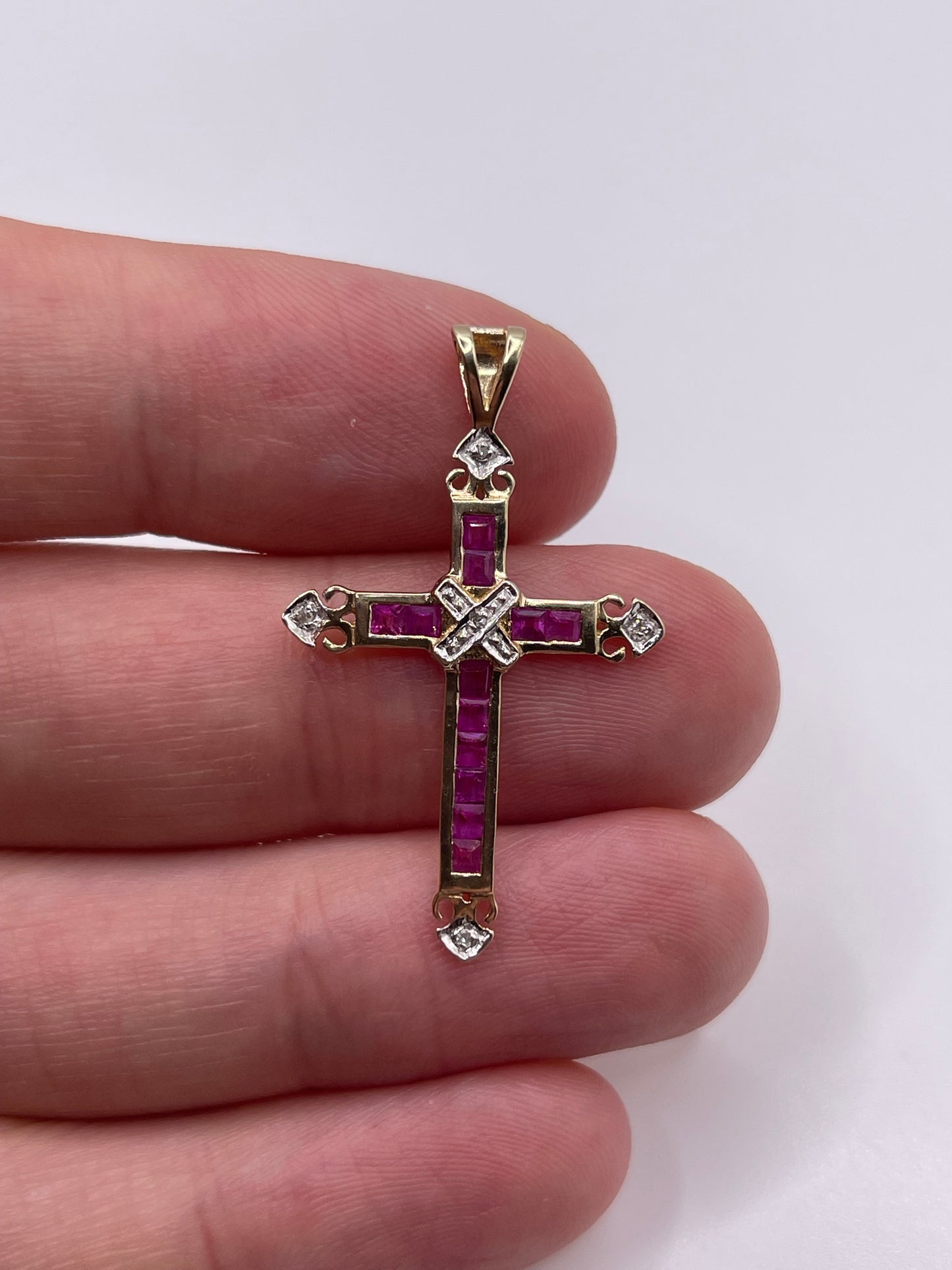 9ct gold ruby and diamond cross pendant