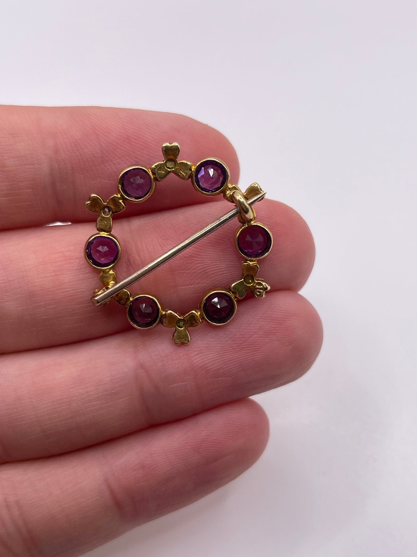 Antique 15ct gold demantoid garnet, amethyst and pearl brooch.. suffragette