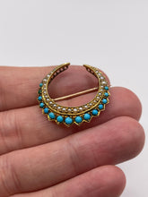 Load image into Gallery viewer, Antique 15ct gold turquoise and pearl crescent brooch
