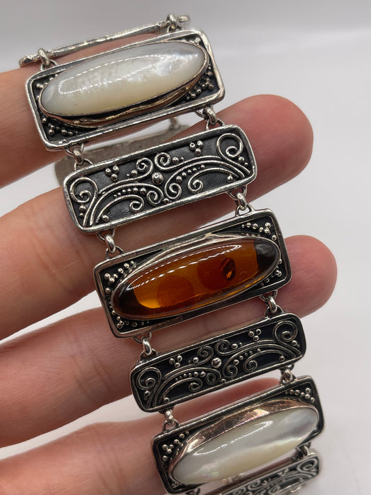 Silver amber and mother of pearl bracelet