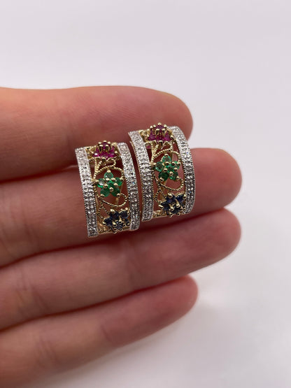 9ct gold ruby, sapphire, emerald and diamond earrings