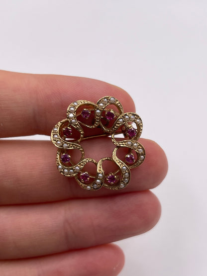 9ct gold ruby and pearl brooch