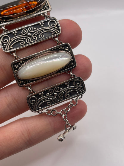 Silver amber and mother of pearl bracelet