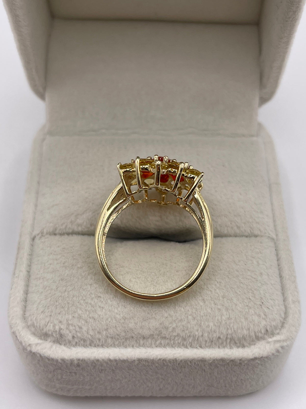 9ct gold fire opal, quartz and diamond ring