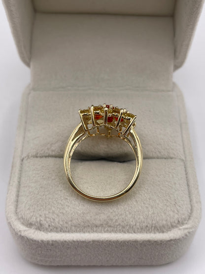 9ct gold fire opal, quartz and diamond ring