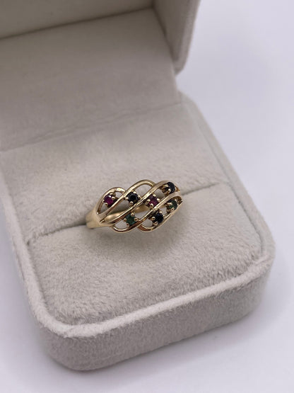 9ct gold sapphire, emerald and ruby ring